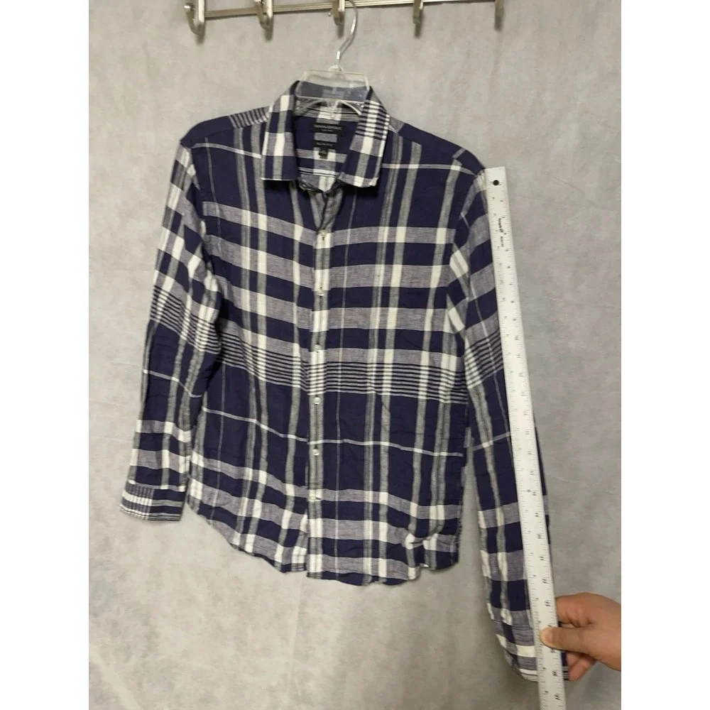 Banana Republic Shirt Men M Blue Plaid Linen Slim Button Up‎ Academia Vacation